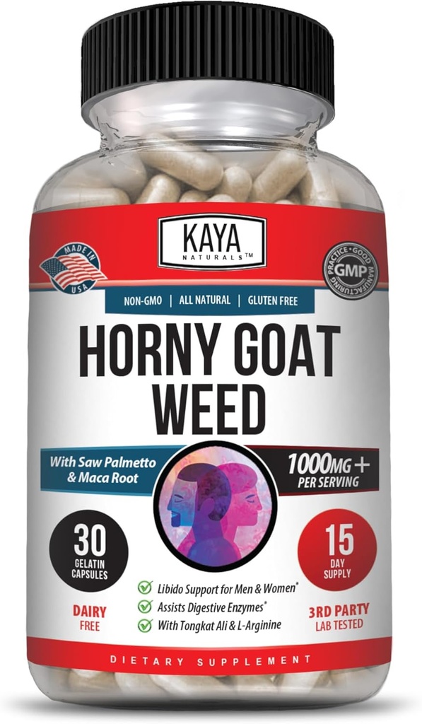 Kaya Naturals Horny Goat Weed for mænd og kvinder - 1560mg Kompleks med Maca, Saw Palmetto, Ginseng, Arginin Vitamin Supplement - Horny Goat Weed - 30 Greve