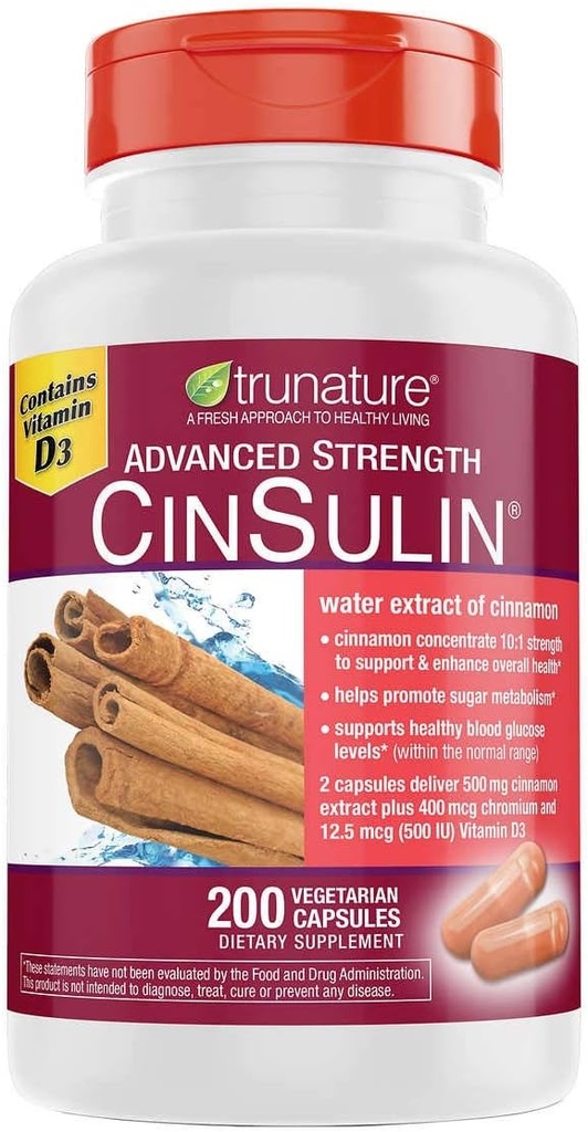trunature Advanced Strength CinSulin 500mg., 200 Vegetarian Capsules (2 Pack)