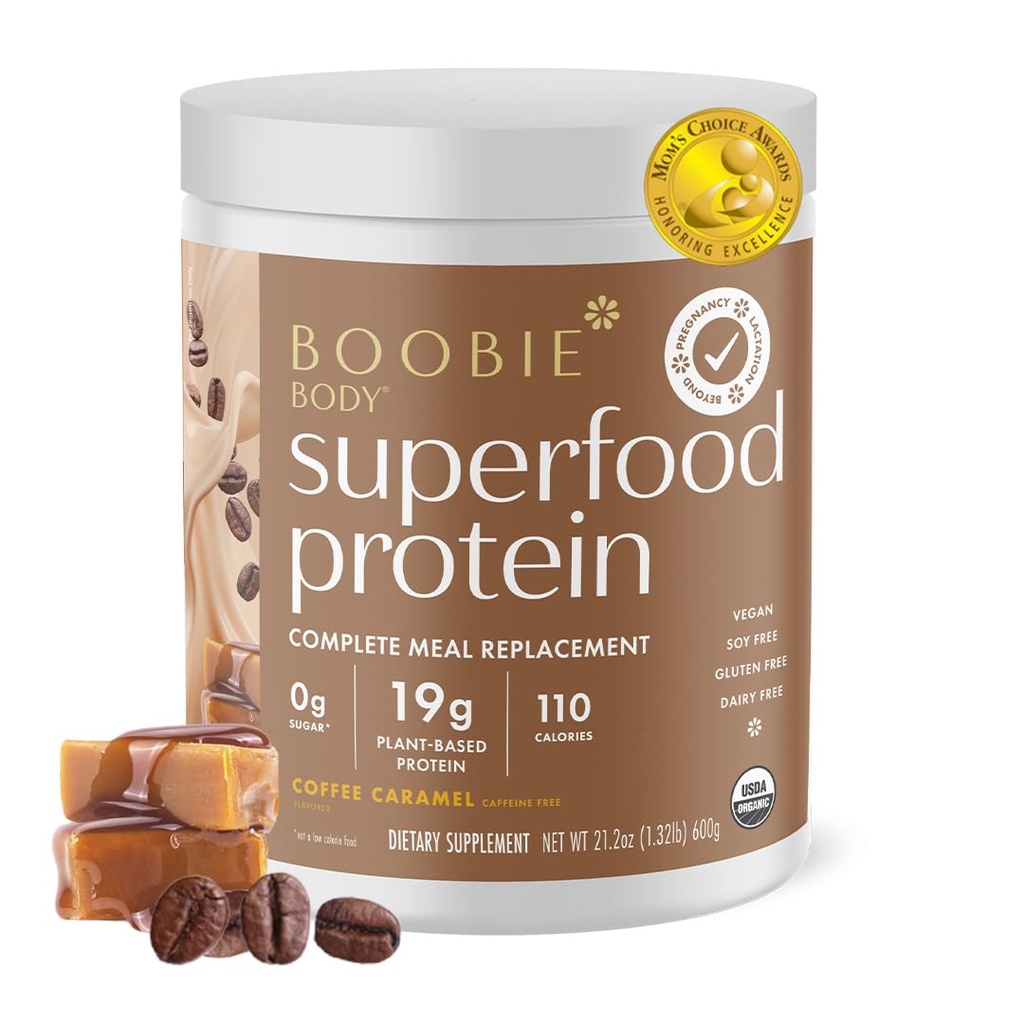 Boobie Body Superfood Protein Pregnancy and Postpartum Meal Replacement Shake, Coffee Caramel Flavor | 19g Protein | Safe for Lactation & Motherhood | Organic, Vegan, Zero Sugar, 1 Tub (20 Servings)