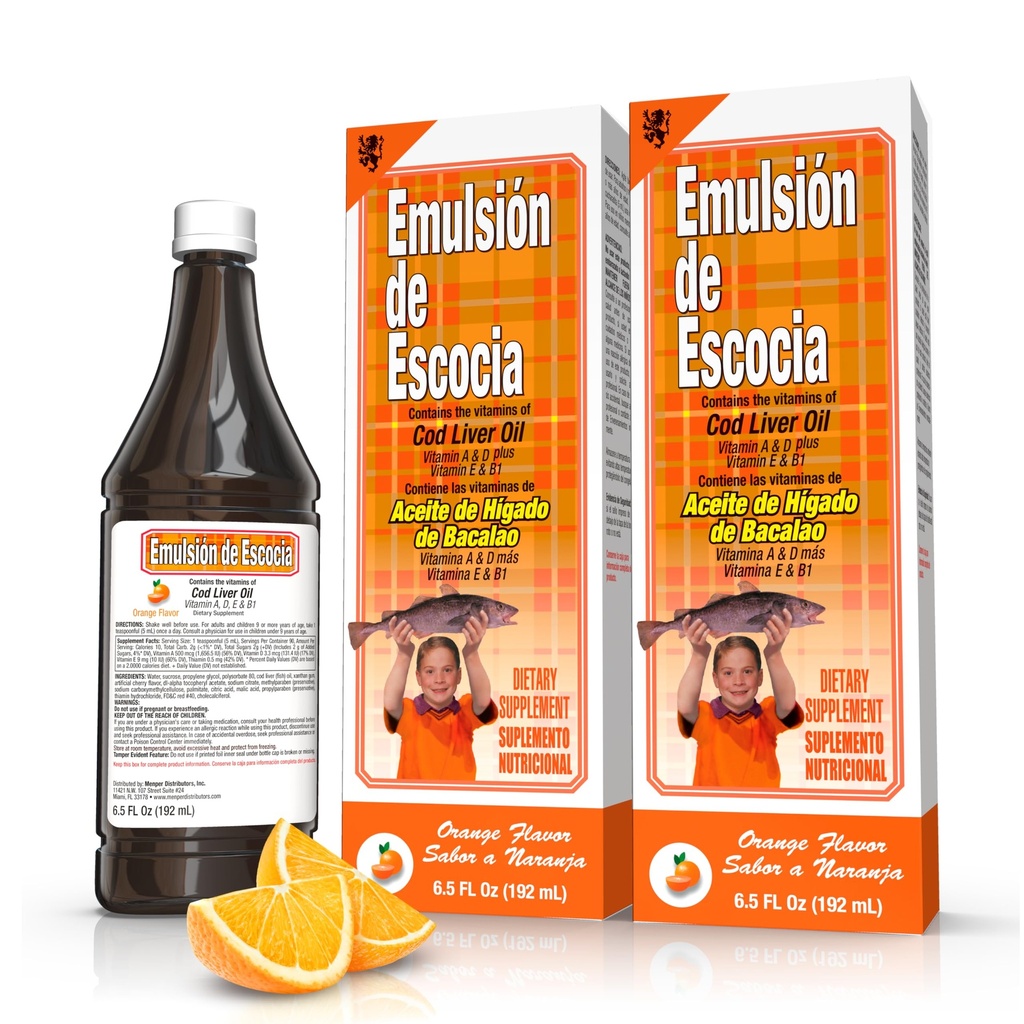 Emulsión de Escocia Cod Lever Oil Complex med vitaminer A, D, E, B1 - Natural Orange Flavor Kosttilskud til immunforsvar & ben sundhed - Essential Omega 3 Fiskeolie - 6,5 oz (2 - Pack)