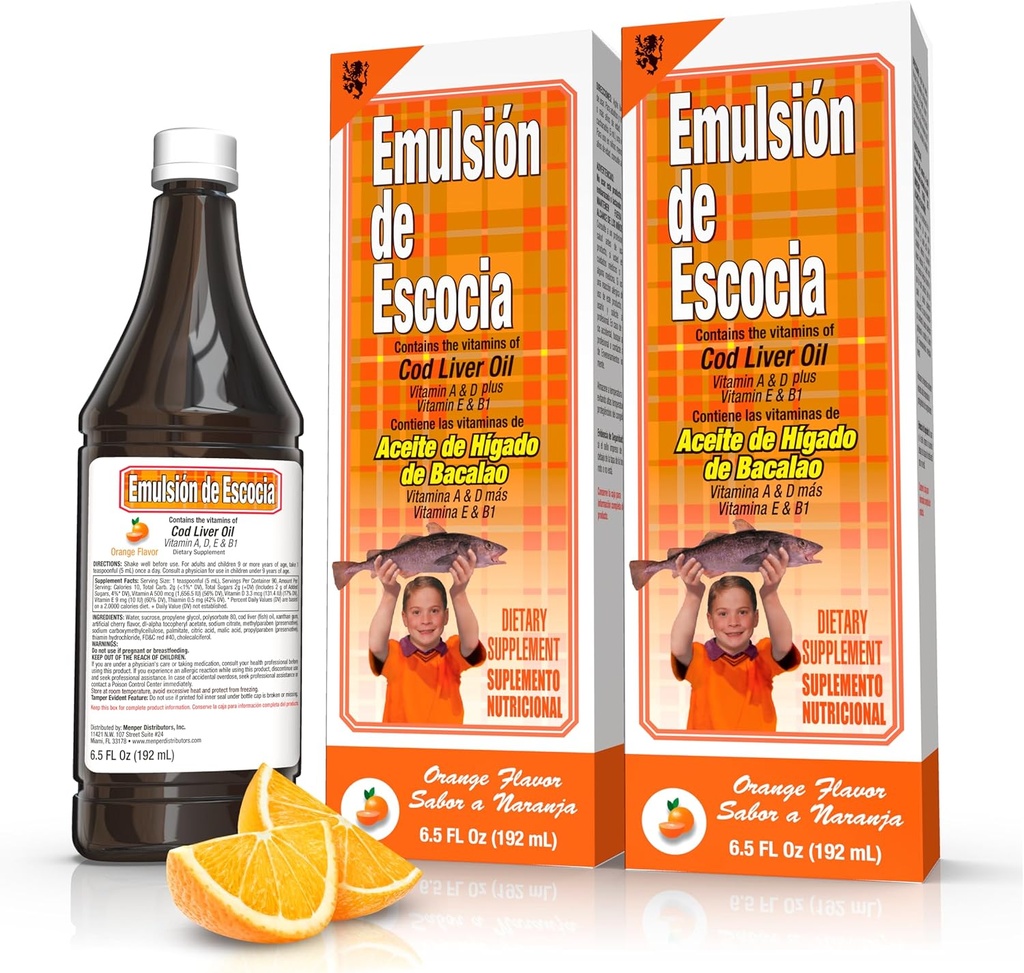 Emulsión de Escocia Cod Lever Oil Complex med vitaminer A, D, E, B1 - Natural Orange Flavor Kosttilskud til immunforsvar & ben sundhed - Essential Omega 3 Fiskeolie - 6,5 oz (2 - Pack)