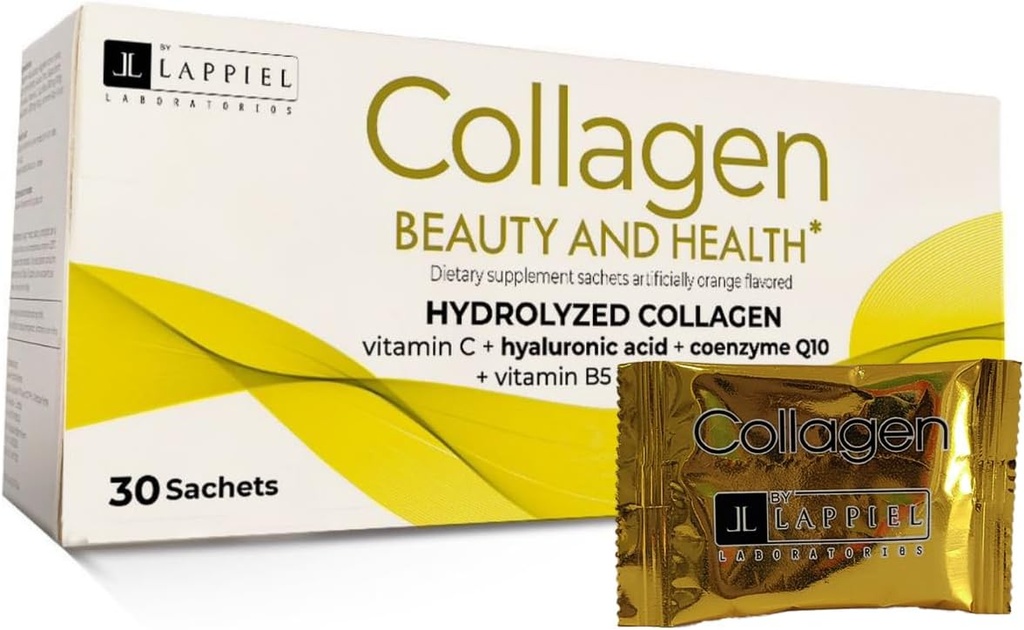 Hydrolyseret Collagen Peptider 30 Powder Pakninger med C-vitamin (1000mg) & Hyaluronsyre, der understøtter hår, hud, negle & joints, Orange Flavor, 30 Servere