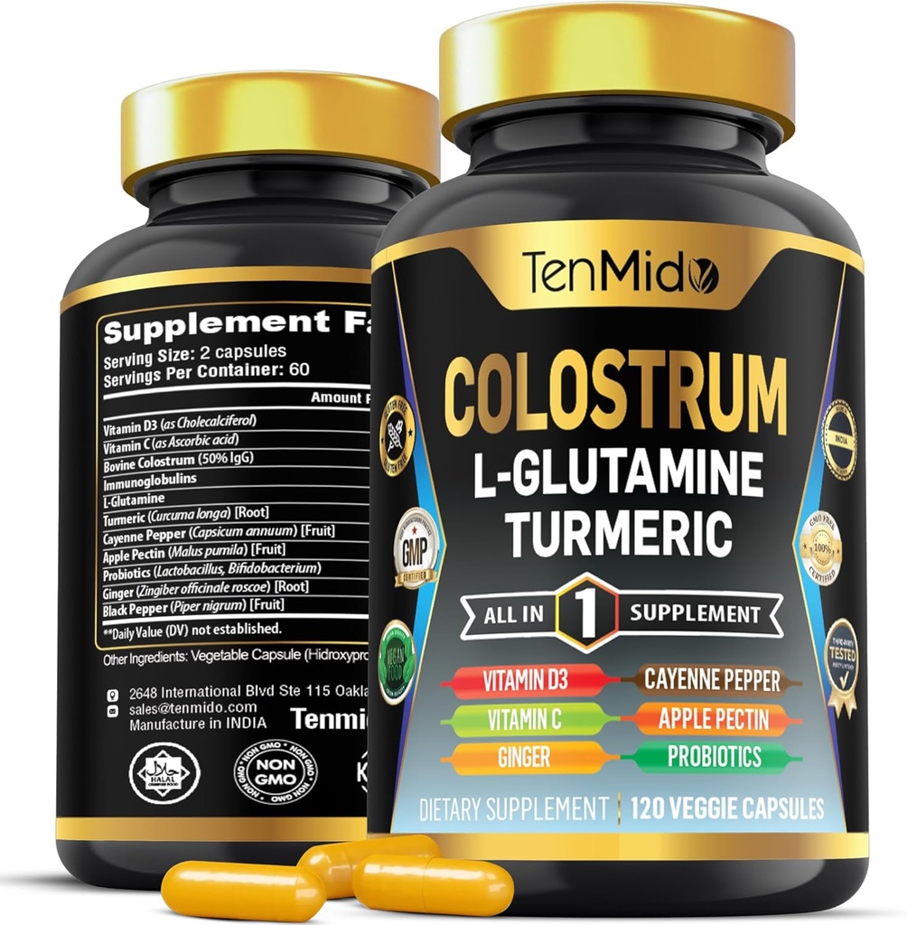 Colostrum Supplement - 10in1 Formel - Kombinere med L- Glutamin, gurkemeje, Cayenne Pepper, Apple Pectin, Probiotika, Ingefær og mere - fordøjelsesmæssig sundhed, immunforsvar - 120 kapsler
