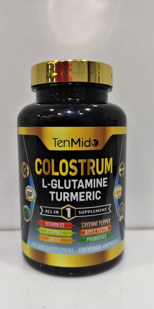 Colostrum Supplement - 10in1 Formel - Kombinere med L- Glutamin, gurkemeje, Cayenne Pepper, Apple Pectin, Probiotika, Ingefær og mere - fordøjelsesmæssig sundhed, immunforsvar - 120 kapsler