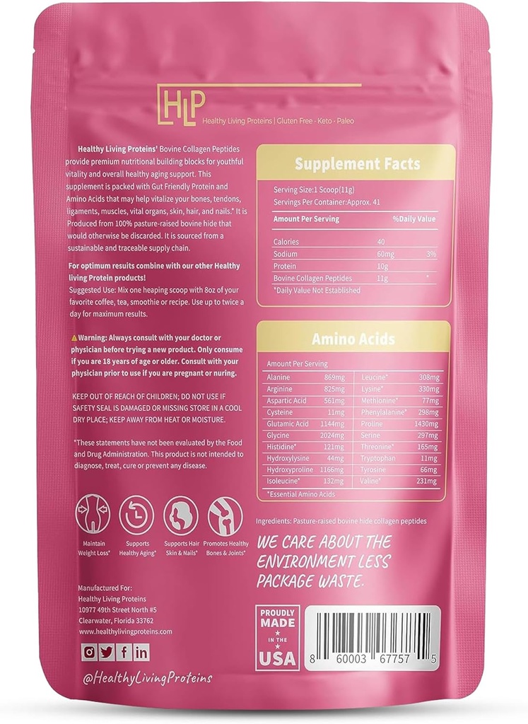 Sund Living Proteins - Hydrolyzed Bovin Protein Collagen Type I & III - Uflavored Collagen Powder - Græs Fed, Pasture Raised Bovin Peptider - Keto & Paleo, Gluten Free (10 oz (pakke med 1)
