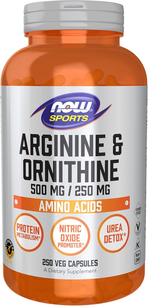 Now Foods Sports Nutrition, Arginin & Ornithin 500 / 250 mg, Aminosyrer, 250 Veg kapsler