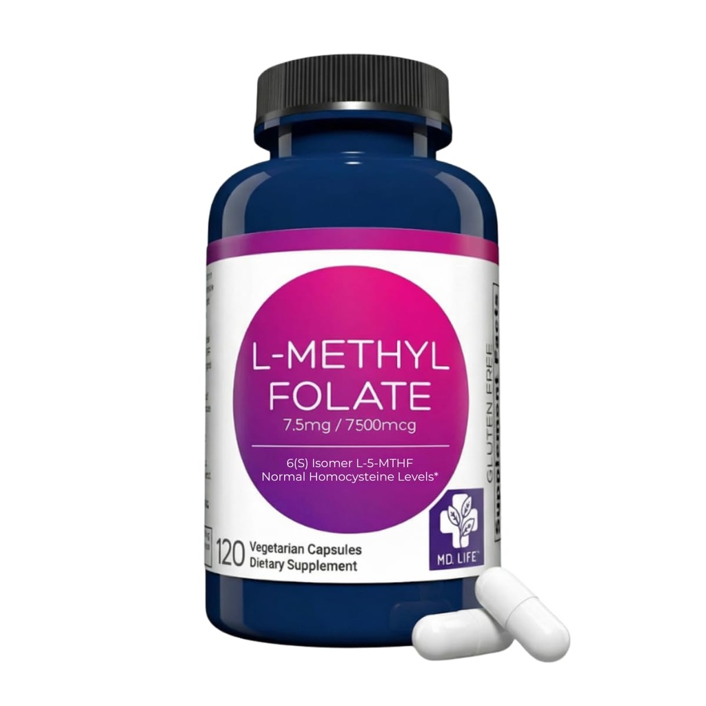 MD Life L- methylfolat 7, 5 mg tillæg - Professionel - Grade Aktiv L methylfolat supplement - 120 kapsler - L- methylfolat 7, 5 mg - Maksimal potens MTHFR W / essentielle aminosyrer