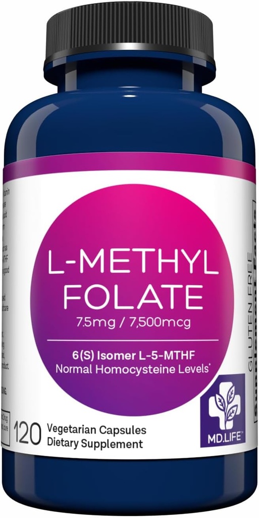 MD Life L- methylfolat 7, 5 mg tillæg - Professionel - Grade Aktiv L methylfolat supplement - 120 kapsler - L- methylfolat 7, 5 mg - Maksimal potens MTHFR W / essentielle aminosyrer
