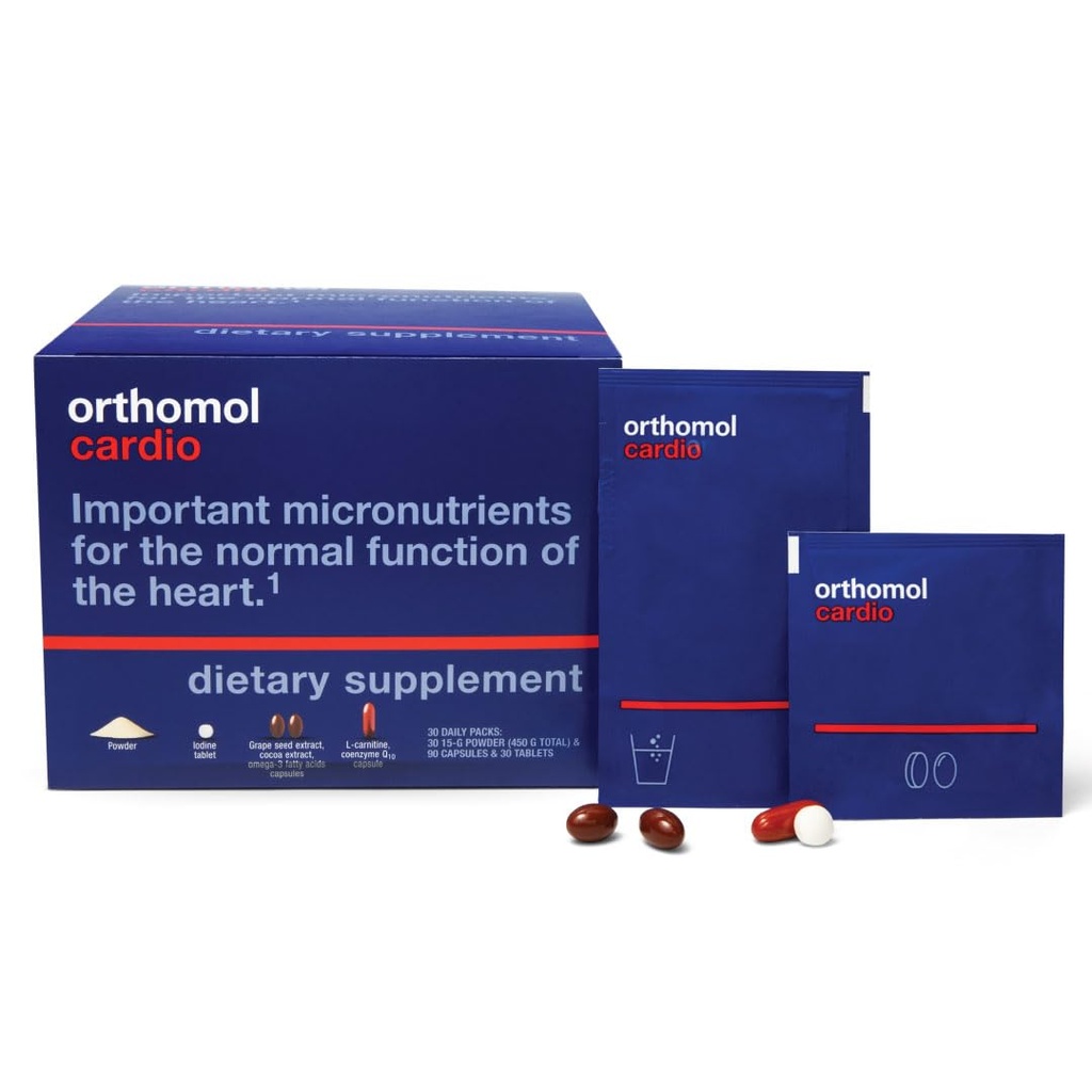 Orthomol Cardio, Heart Health Kosttilskud til cirkulation & Vaskulær Support, Omega-3, Magnesium, Kakao Polyphenoler & B Vitamin, Understøtter Kardiovaskulær Sundhed, 30- Day Supply, Powder + Tablets + Kapsler
