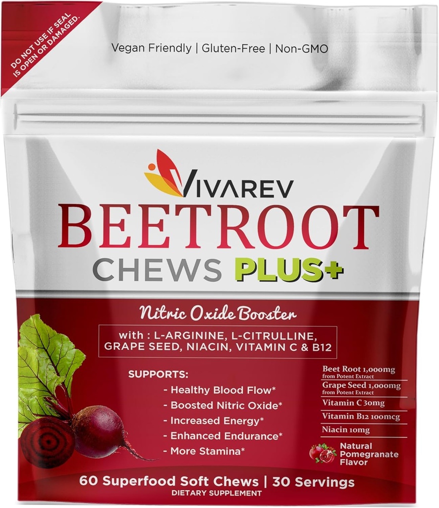 Beetrod Nitroxid Supplement - 1000 mg Beet Powder med L Arginin, L Citrullin, Grape Seed Extract, Niacin, C-vitamin & B12 - Beet Chews - Pakning med 60