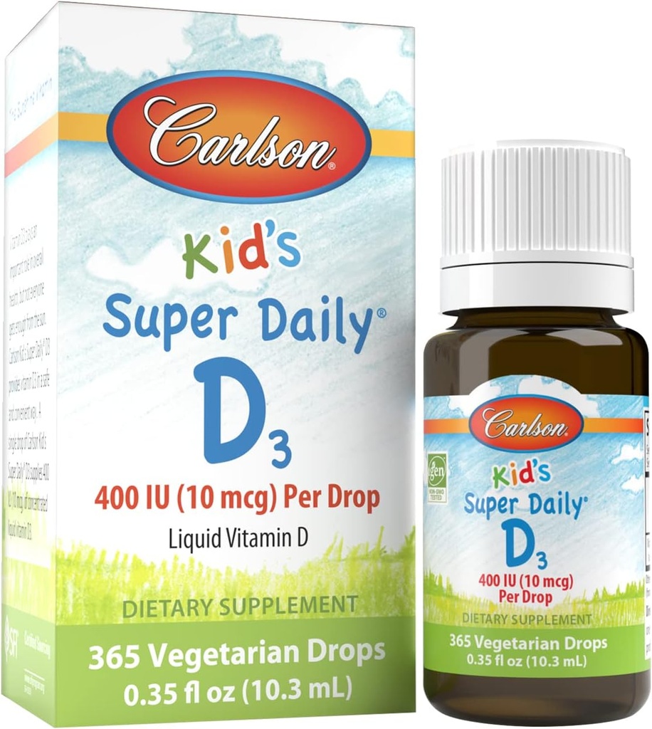 Carlson - Kid 's Super Daily D3, Kids Vitamin D Drops, 400 IE (10 mcg) per drop, Heart Health, immunforsvar, Vegetarisk, Flydende D Vitamin Drops, Unflavored, 365 Drops