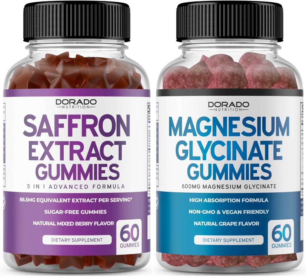 Safran Kosttilskud (60 Gummies) 5 i 1 Avanceret Formel Sukker Free Gummy - Lækker Raspberry Flavor og Magnesium Glycinate (60 Greve) Pure Glycinate Gummy til voksne - Non- GMO, Vegan & USA Made