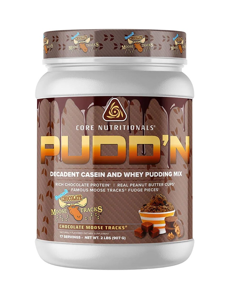Core Nutritionals Pudd 'n, Decadent Protein Pudding Mix, Fuld Oplysning Casein Blend, Vedvarende udgivelse, 20G Protein, 17 Servere (Chokolade Moose Tracks, 2 LB)