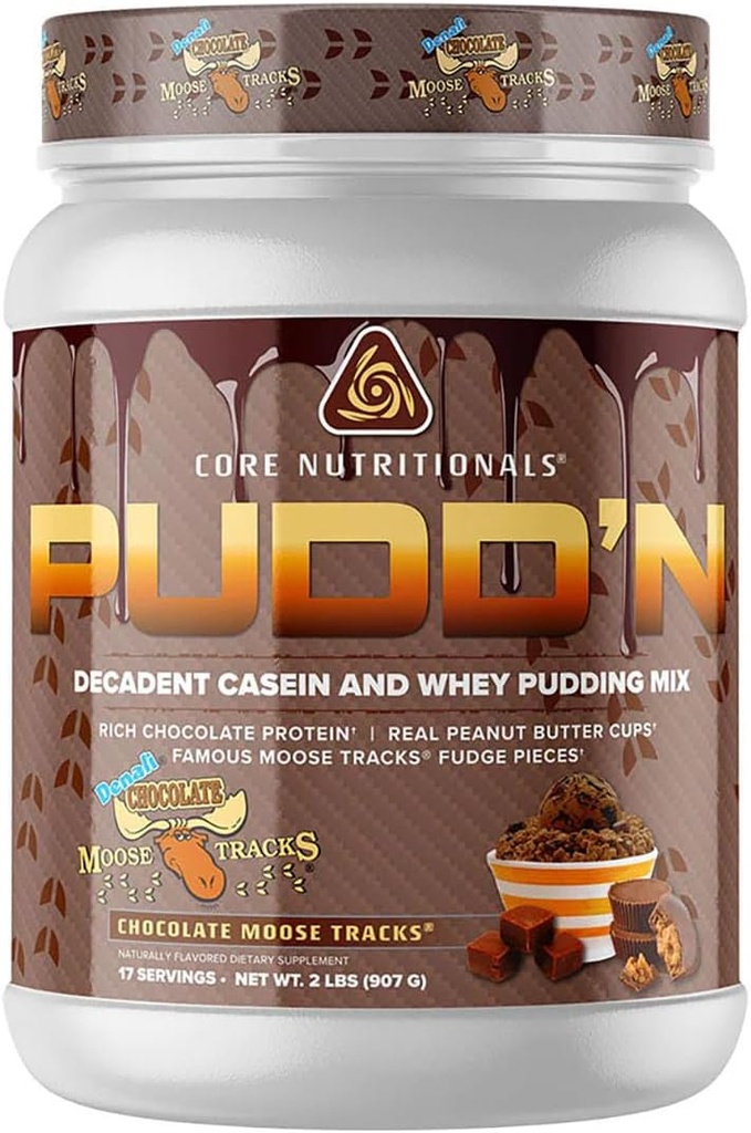 Core Nutritionals Pudd'n, Decadent Protein Pudding Mix, Full Disclosure Casein Blend, Sustained Release, 20G Protein, 17 Servings (Chocolate Moose Tracks, 2 lb)