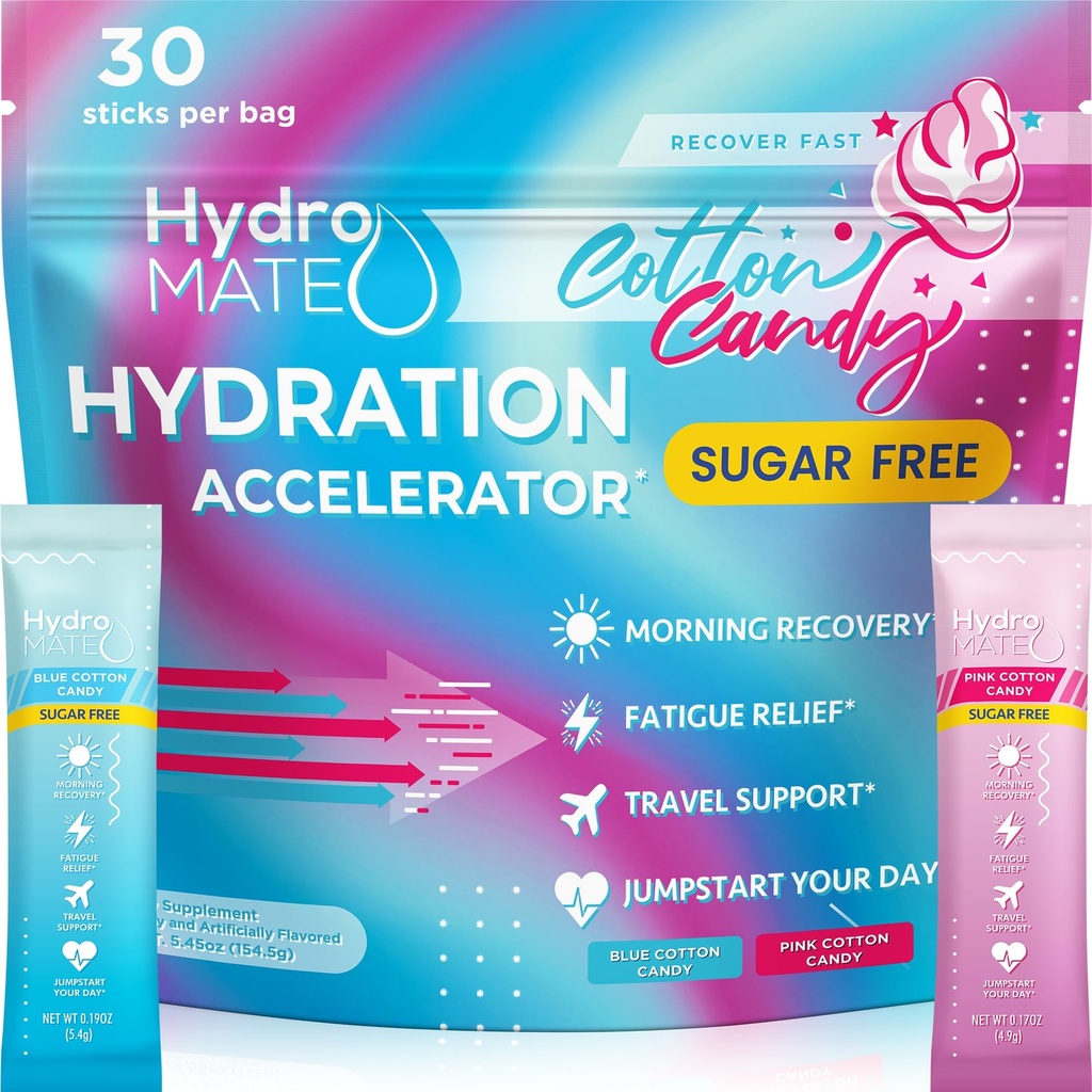 HydroMATE Electrolytes Powder No Sugar Cotton Candy - 30 Count Instant Hydration Packets with Vitamin C to Boost Energy - Sugar Free Electrolytes to Support Hydration on Keto Diet & Party Recovery
