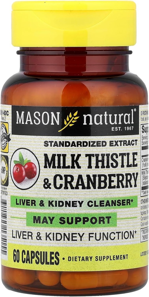 Mason Vitamin Milk Thistle / Tranebær Lever og Nyre Cleanser Kapsler, 60 Greve
