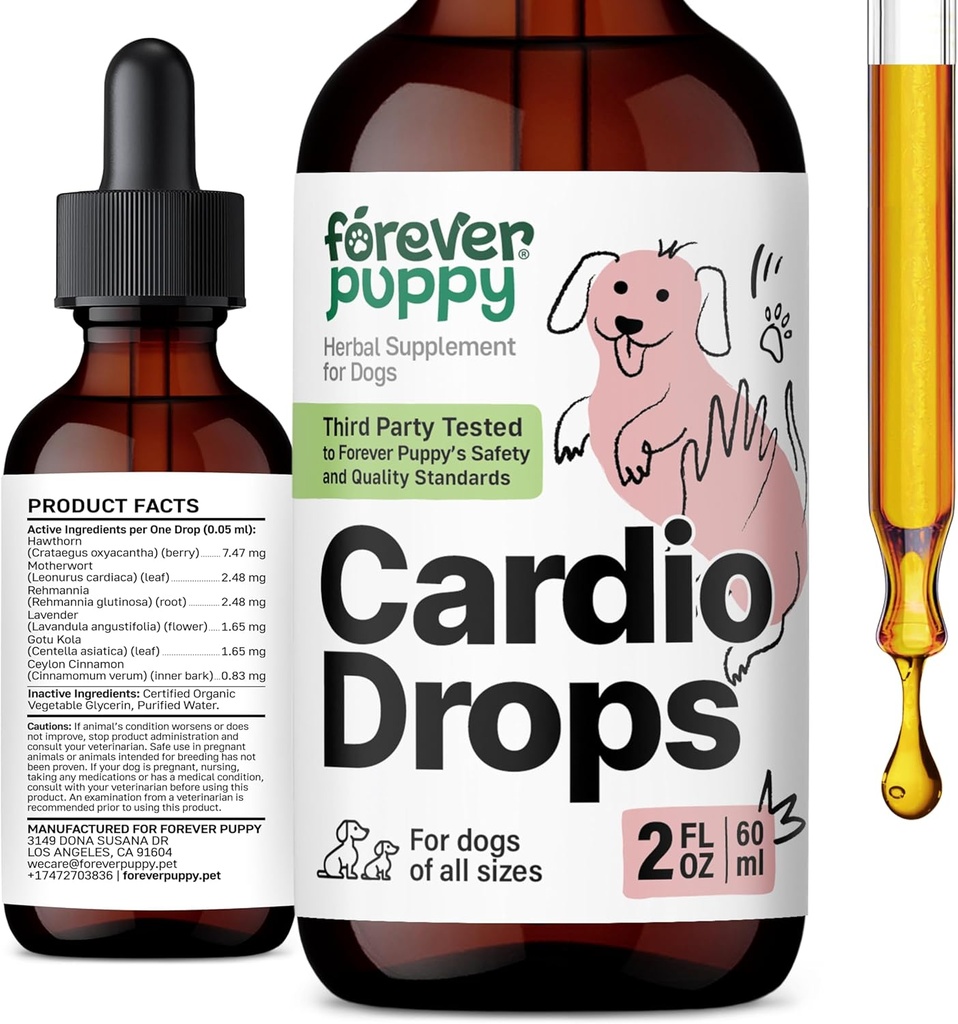 Forever Puppy Cardio Drops til hunde - Hawthorn Berry & Motherwort Herb - Flydende antioxidant supplement med Gotu Kola blade & Lavendel ekstrakt - 2 fl oz