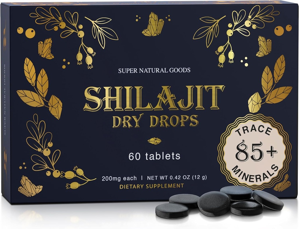 Pure Shilajit Resin Dry Drops - High Potency, Grade A, 100% Pure med Fulvic Acid & 85 + Trace Minerals for Better Energy Metabolisme & immunsupport.124; 60 Easy- to- Take Tablets for Mænd & Kvinder