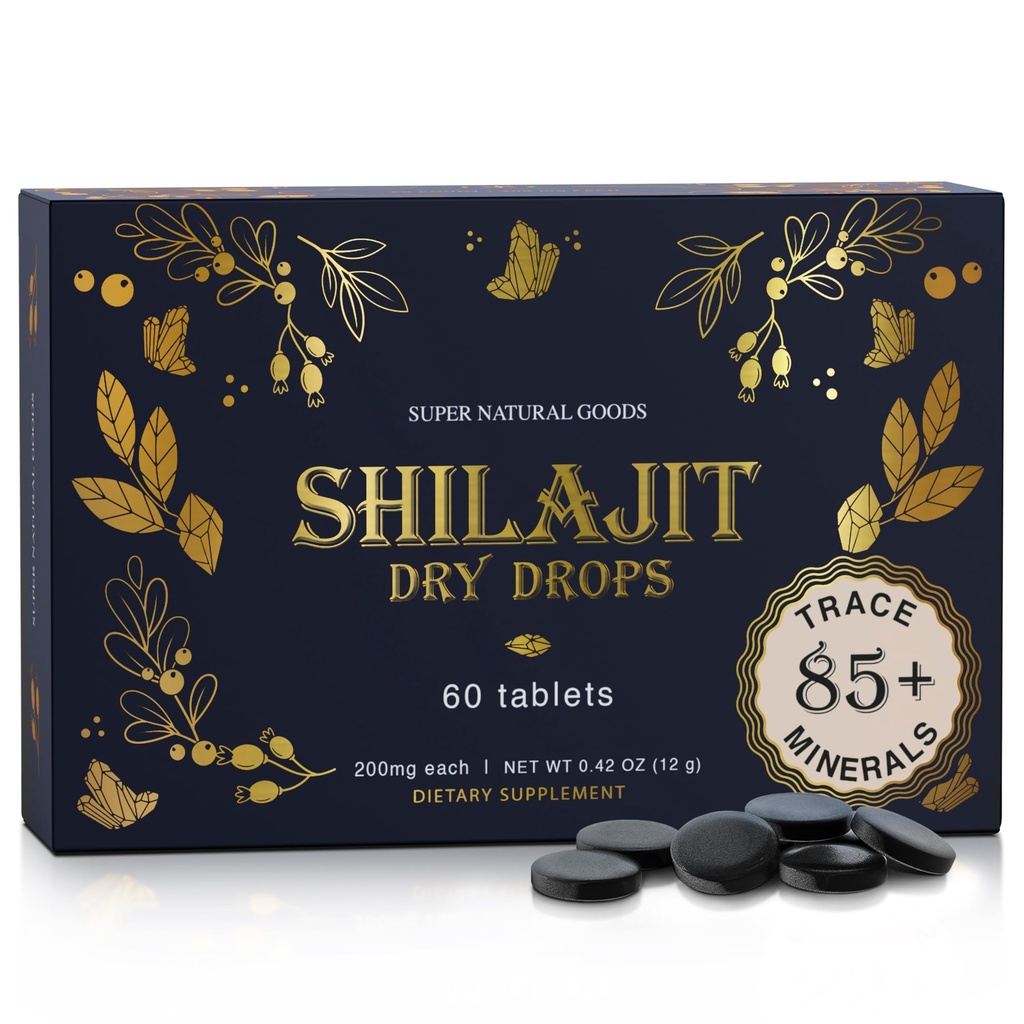 Pure Shilajit Resin Dry Drops - High Potency, Grade A, 100% Pure med Fulvic Acid & 85 + Trace Minerals for Better Energy Metabolisme & immunsupport.124; 60 Easy- to- Take Tablets for Mænd & Kvinder