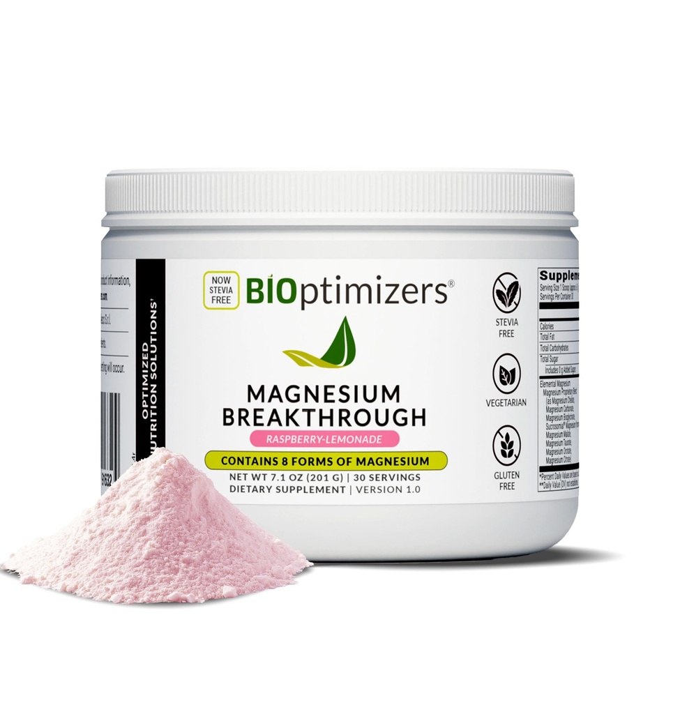 BIOptimizers Magnesium Breakthrough Drink - 8 former for Magnesium, elektrolyter, søvn sundhed, stress, Muscle Recovery, Heart Support Medical 124; Glycinate, Citrate, Malate- Raspberry Lemon