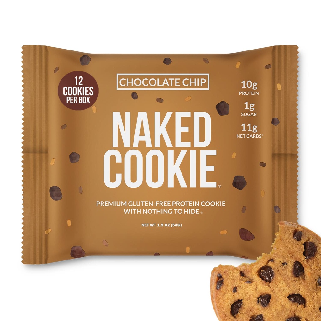 Nøgen chokolade Chip Protein Cookies - Premium Gluten- Free High Protein Cookies, Kun 1G Sukker, 6G Fiber, Ingen kunstige sødestoffer, Soy Free, Ingen Gmos - 12 Pack