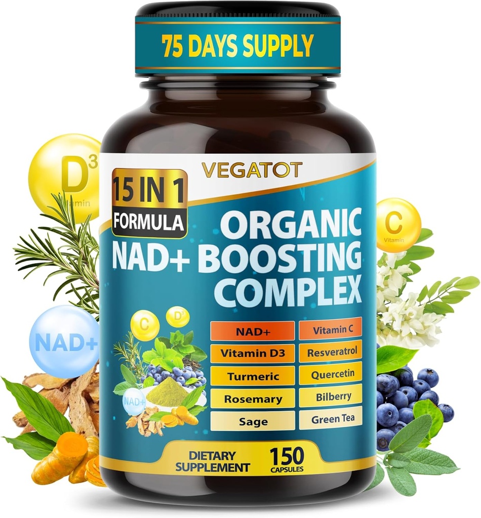 VEGATOT NAD + Boosting Complex - NAD Kosttilskud til kvinder & mænd 15-in-1 Formel med Resveratrol Gurkemeje Quercetin Rosemary Bilbær Sage Green Tea