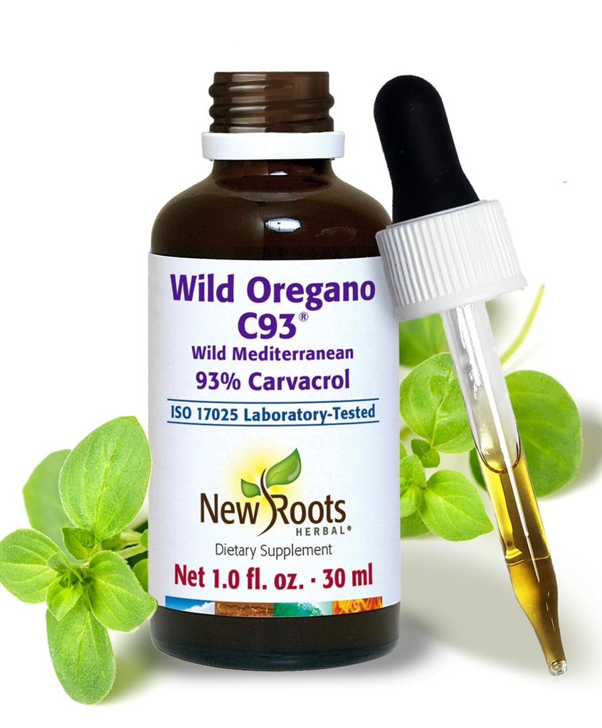 New Roots Measures 124; Wild Oregano Oil Drops med 93% Carvacrol (1 fl oz) Organic Oil of Oregano Extract (547 Servere) Measures 124; Højeste koncentration, Non-GMO, Vegan, Gluten- Free