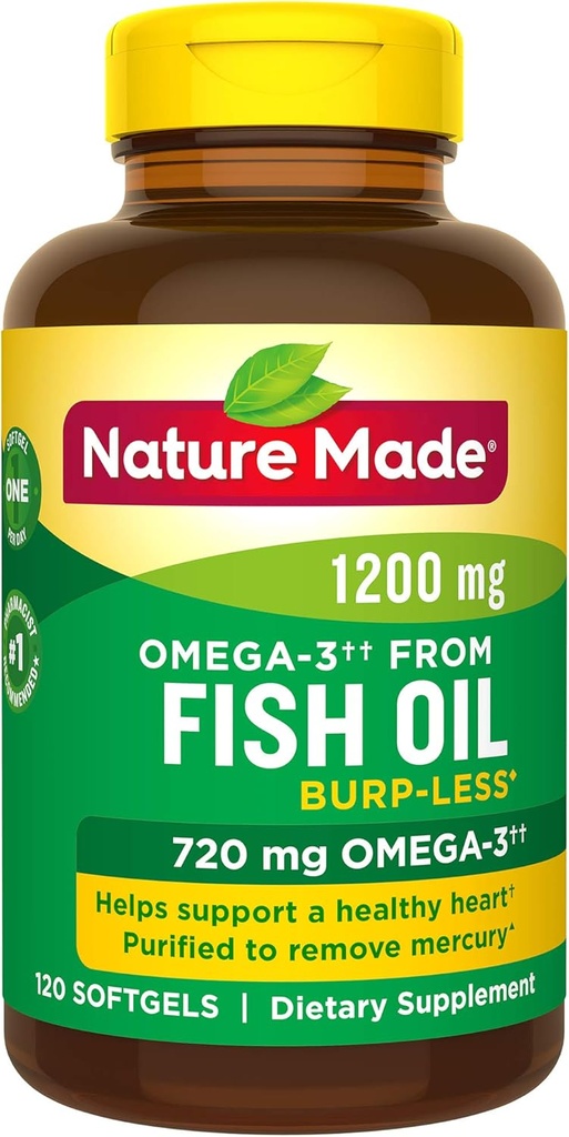 Burp- Mindre Fish Oil 1200 mg én per dag, 120 Softgels, Fish Oil Omega 3 tillæg for hjerte sundhed