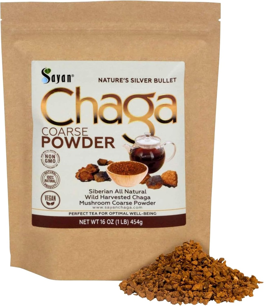 Sayan Siberian Pure Raw Coass Chaga Powder 1lb / 454g - Premium Wild Forest Harached Super Antioxidant Tea - Understøtter immunsystemet og fordøjelsessygdomme - Fokus, Energi, Klarhed, Wellness - non-GMO