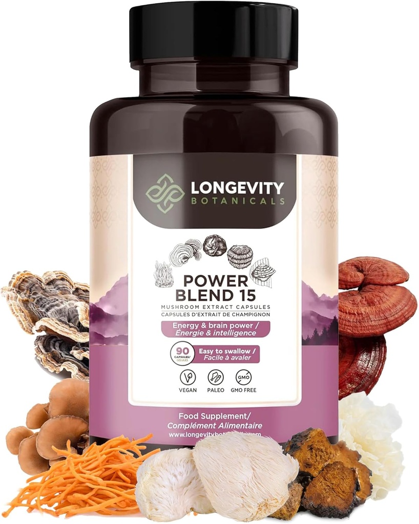 Power 15 Mushroom Blend Kapsler Supplement (90) Beeg 124; Høj styrke Uddrag Complex 124; Med Lions Mane, Tyrkiet Hale, Cordyceps, Reishi, Chaga & Tremella Beeg 124; 20% Beta- D Glucans