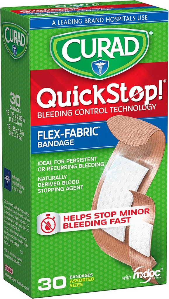 CURAD QuickStop Blødning Control Fleksible stofbånd, Diverse størrelser, 30 Greve