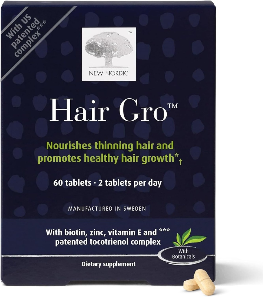 NY NORDIC Hår GRO, hårvækst tillæg, Biotin & Palm Fruit Extract Tocotrienols for Natural Regrogrowth, 60 Greve (Pack of 1)