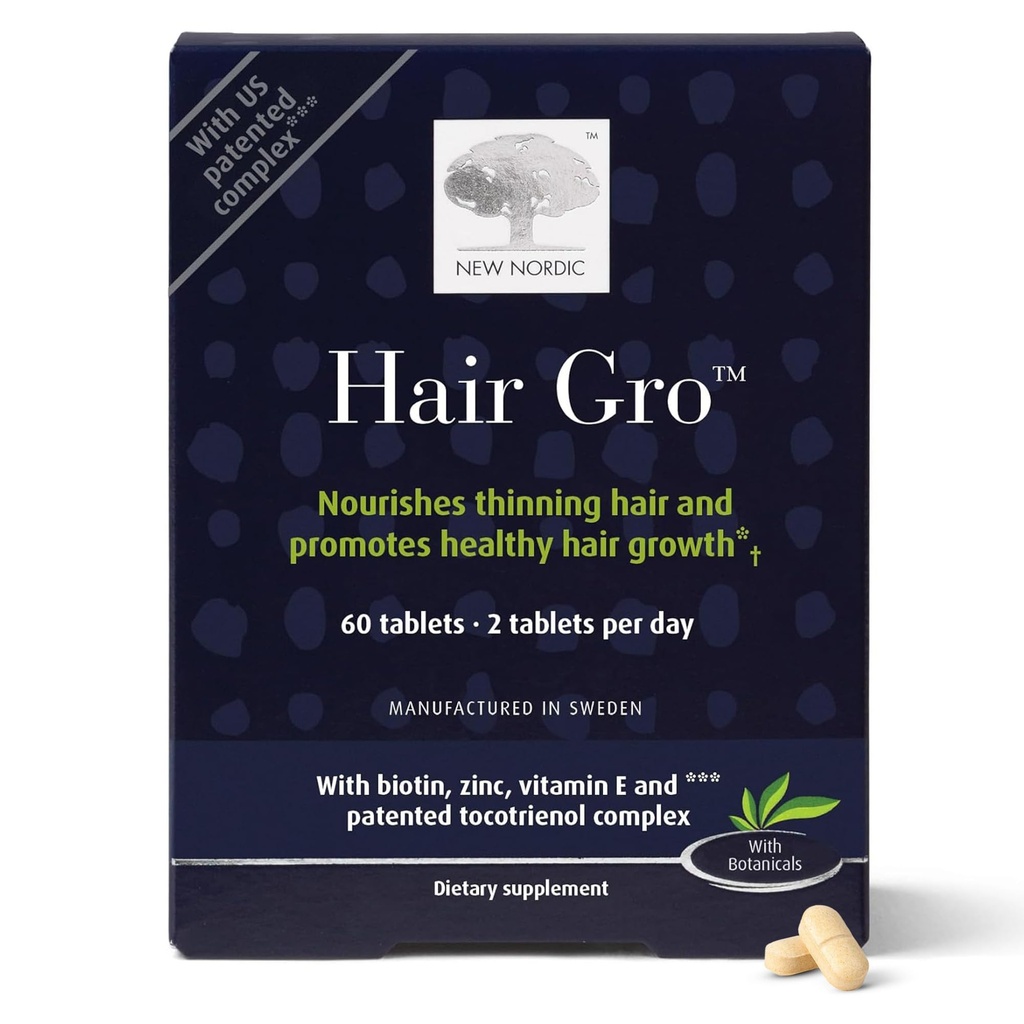 NY NORDIC Hår GRO, hårvækst tillæg, Biotin & Palm Fruit Extract Tocotrienols for Natural Regrogrowth, 60 Greve (Pack of 1)