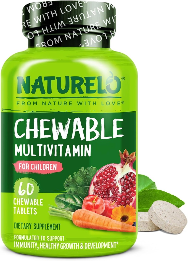 NATURELO Chewable Vitamin til børn Multivitamin med hele fødevarer Økologisk frugt Blend - 60 tabletter til børn