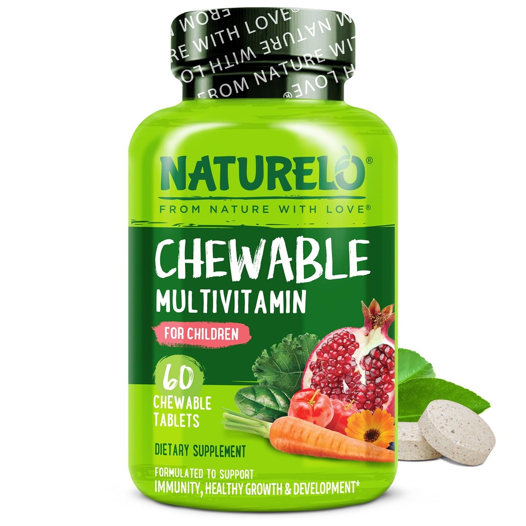 NATURELO Chewable Vitamin til børn Multivitamin med hele fødevarer Økologisk frugt Blend - 60 tabletter til børn