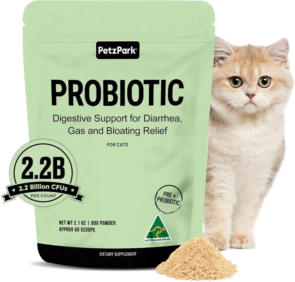 Probiotika til katte & killinger - Kat Probiotika pulver til hårbold forebyggelse, fordøjelsesstøtte, immunforsvar, Prebiotika, og Diarré Relief - Egnet til indendørs katte & killinger - 60 Scoops