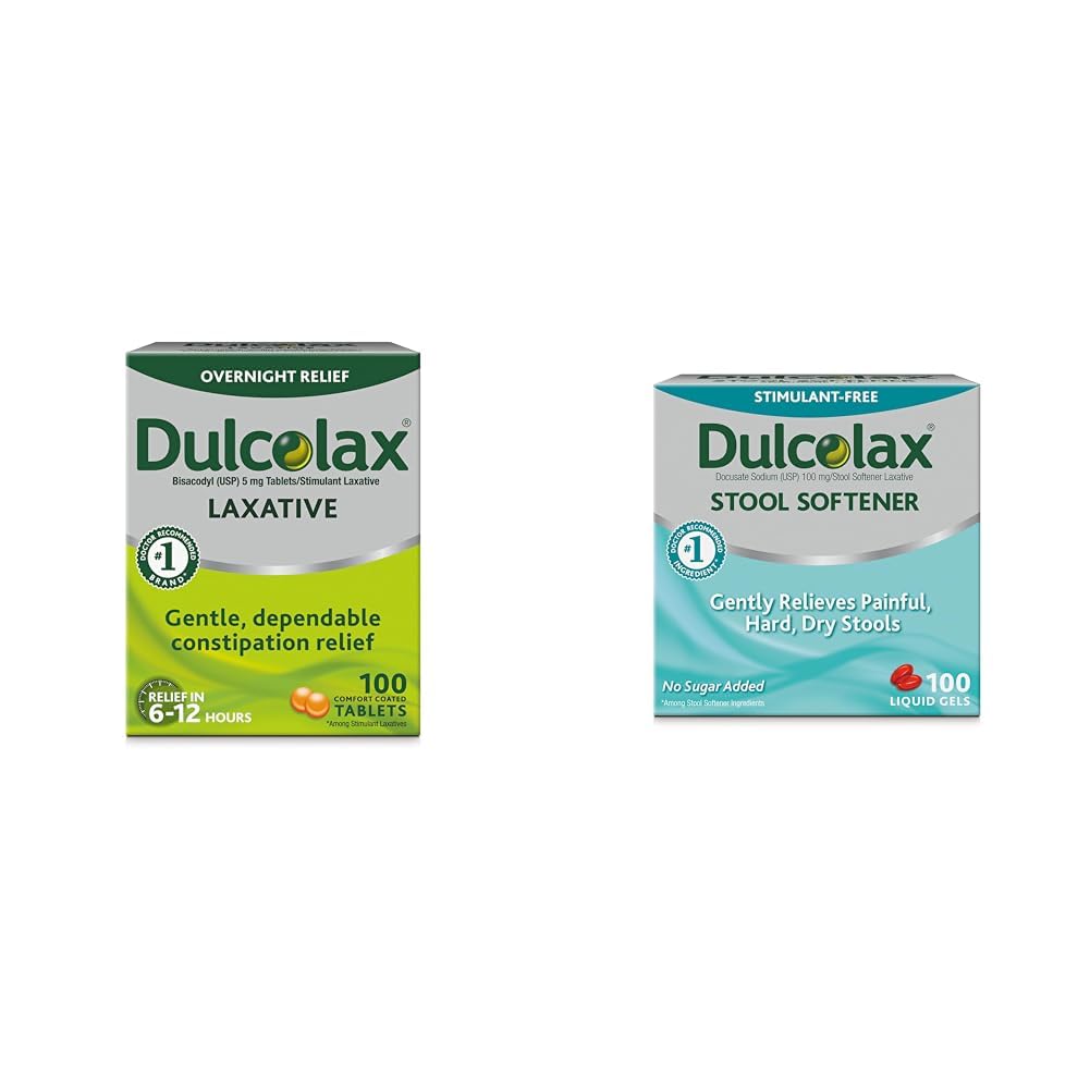 Dulcolax Stimulant Laxative Tablets (100 Count) Advarselsbesvær Forstoppelse Relief, Bisacodyl 5mg & Smeltetenstof Laxative Liquid Gel Capsules (100ct) for Gentle Relief, Docusat Sodium 100mg
