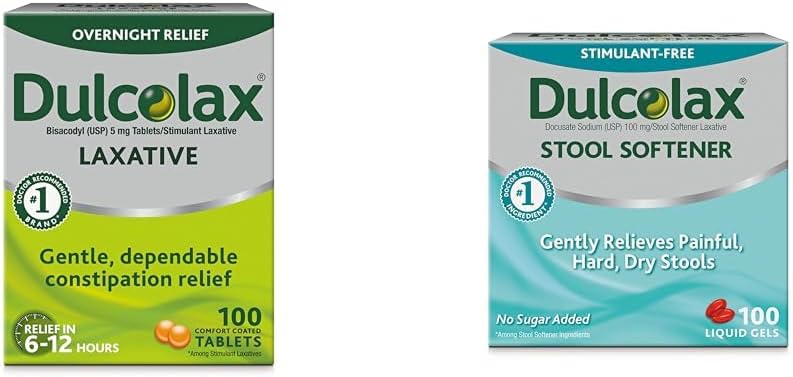 Dulcolax Stimulant Laxative Tablets (100 Count) Gentle Overnight Constipation Relief, Bisacodyl 5mg & Stool Softener Laxative Liquid Gel Capsules (100ct) for Gentle Relief, Docusate Sodium 100mg
