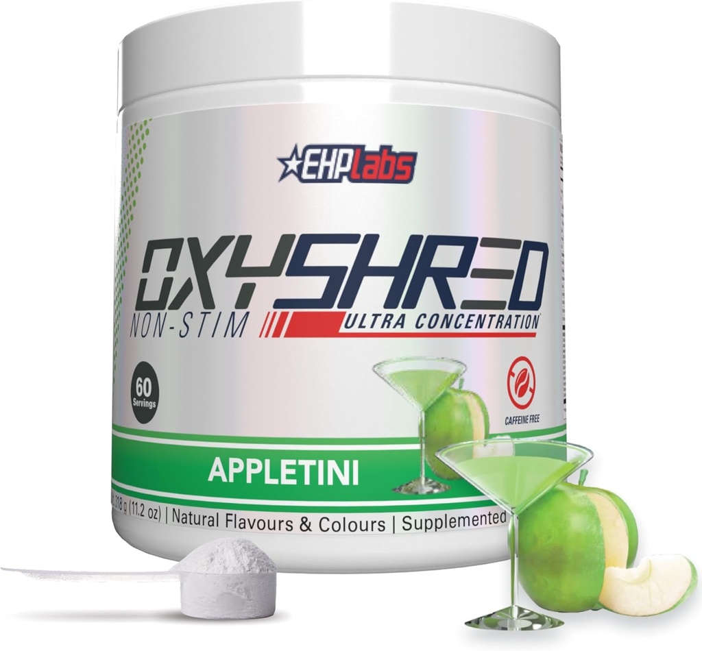 EHP Labs OxyShred Ikke Stimulant Pre Workout Powder - Stim Free Pre Workout, Koffein Gratis Preworkout for mænd og kvinder med L Glutamin & Acetyl L Carnitin - Apple, 60 Servere