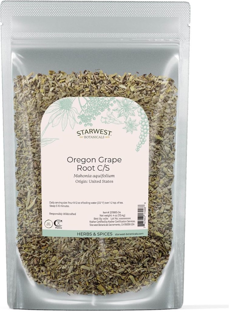 Starwest Botanicals Oregon Grape Root Wildcrafted - Tørret Loose Herb til te, Tinctures, Kapsler, & Salves, Natural Wellness for Women & Men, Cut & Sifted, Certified Kosher, Non- GMO - 4 oz Pouch