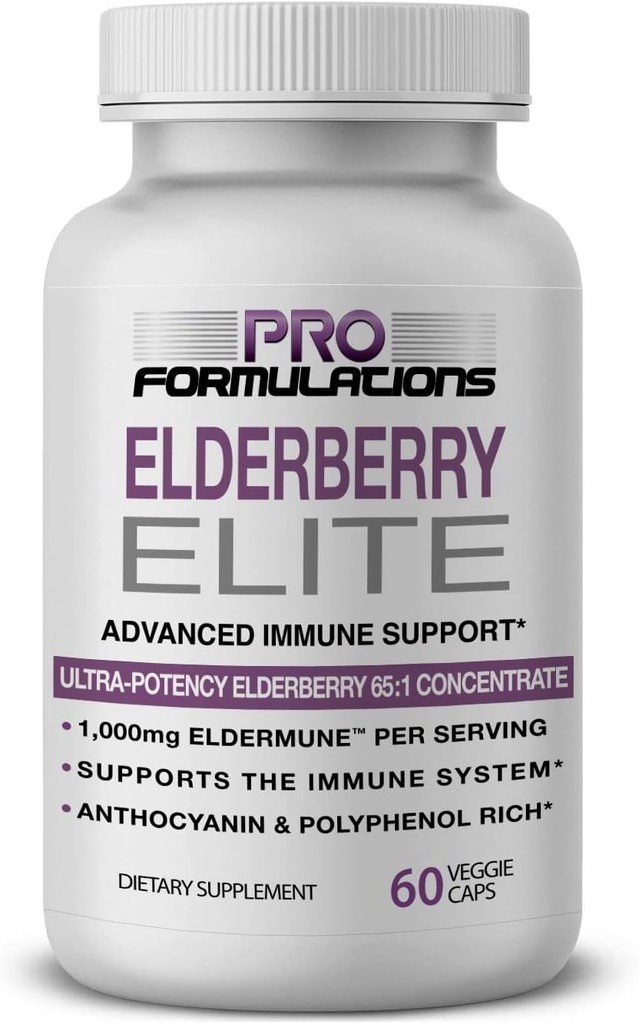 Pro Formuleringer - Elderberry Elite - Stærkeste tilgængelige Elderberry Extract 65: 1 - Avanceret immunforsvar kapsler - 60 ct - 1.000 mg per servering - Vegetarisk, Ingen kunstige farver eller flavors