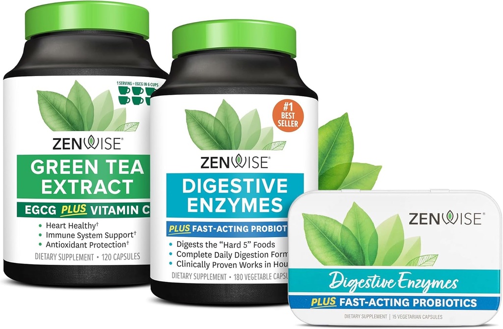 Zenwise Health fordøjelsesfremmende enzymer, grøn te ekstrakt, og gratis rejse Tin