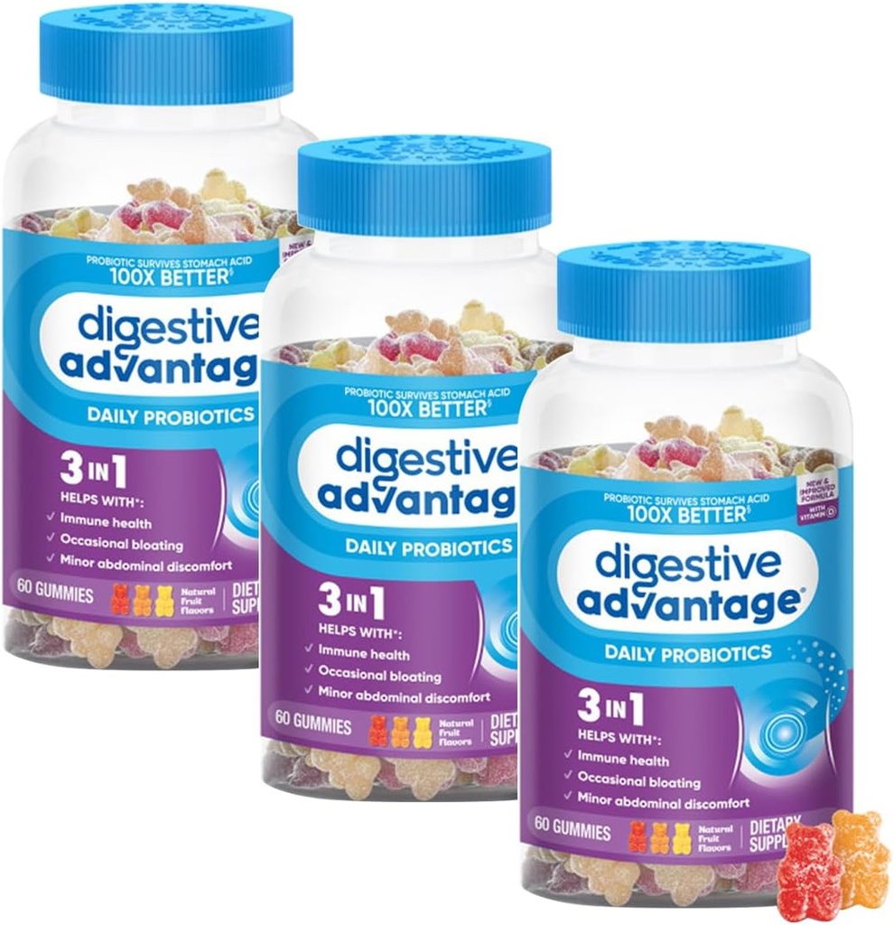 Fordøjelsesfordel 31- 1 naturlige frugtflager Probiotiske gumier for kvinder & mænd Lejlighedsvis Bloating, Minor Abdominal discomfort & Gut Health, 60 Count Gummies (3 Pack)