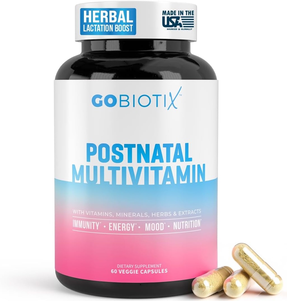 GOBIOTIX Postpartum Vitaminer til ammende mødre - Postnatal Amning Supplement med økologiske urter, mineraler, næringsstoffer til nye mødre og baby - Postpartum Essentials, ikke GMO, Vegan, 60 Caps