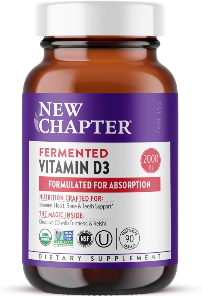 Nyt kapitel Fermenteret vitamin D3 2.000 IE, Økologisk, One Daily for Immunation, Heart & Bone Support + Whole- Food Turmerisk, Adaptogen Reishi Mushroom, 100% Vegetar, Gluten Free, 90 Greve