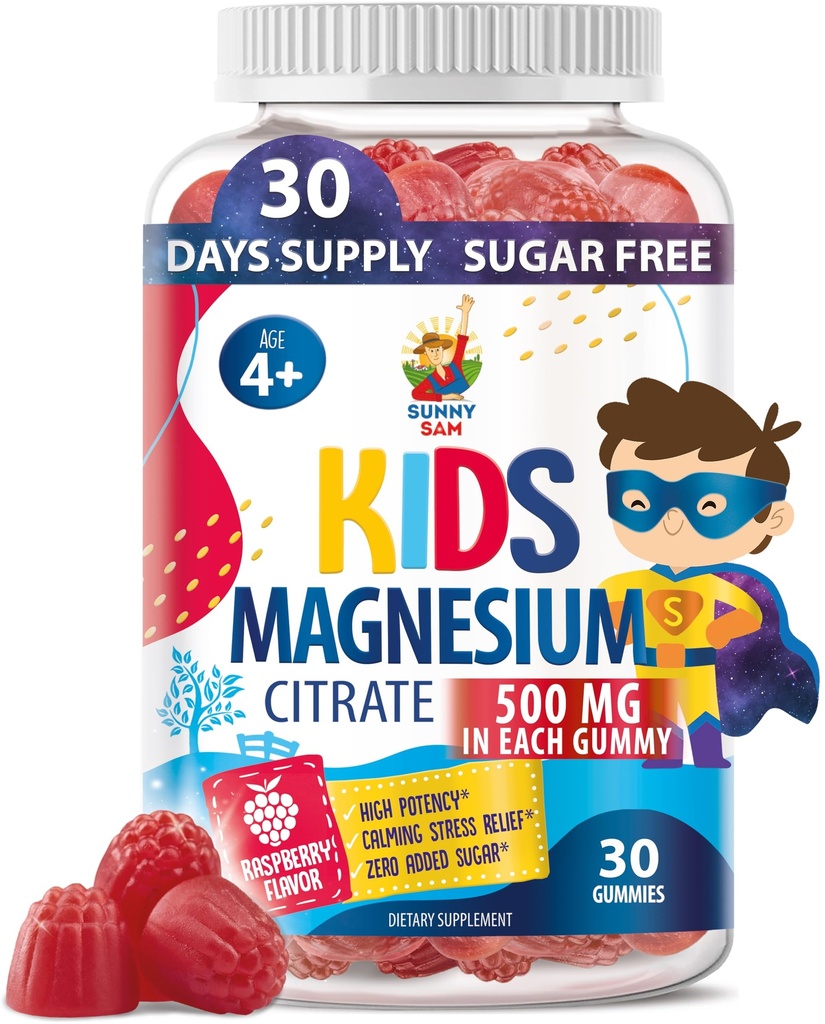 Sugar- Free Magnesium Gummies for Kids & Teens - 500mg Calm Magnesium Citrate - Chewable Magnesium Gummy Supplement til søvn, Mood & Muscle Support - 30 dages forsyning