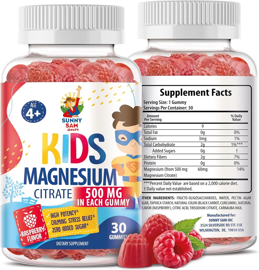 Sugar- Free Magnesium Gummies for Kids & Teens - 500mg Calm Magnesium Citrate - Chewable Magnesium Gummy Supplement til søvn, Mood & Muscle Support - 30 dages forsyning