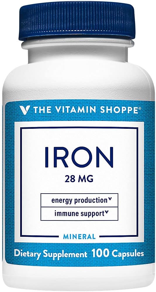 Den Vitamin Shoppe Iron 28G, Godt Absorberet Former for jern, Støtter immunsundhed & energiproduktion, Essential Mineral, En gang dagligt (100 kapsler)