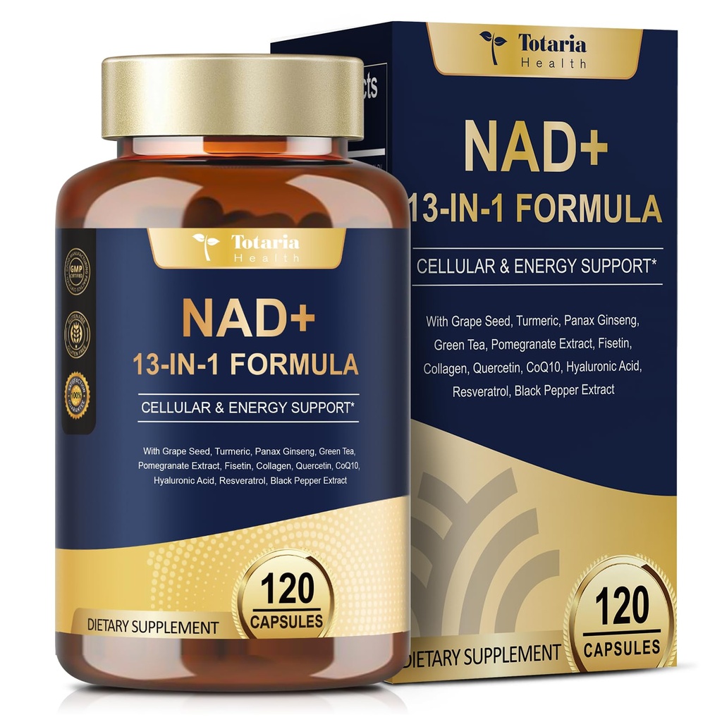 Totaria NAD Supplement for kvinder Mænd med nicotinamid riboside resveratrol, Quercetin, Betaine Boost NAD + Niveauer NAD Plus supplement til anti aging, energi, immunforsvar, Focus 120 kapsler