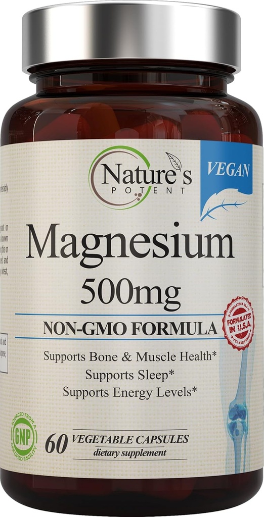 Nature 's Potent Magnesium Kosttilskud - 124; Magnesium Citrate & Magnesium Oxide 500mg - 124; Vegan Magnesium Supplement til Kvinder & Mænd - 124; USA Made Magnesium til Sovestøtte - 60 Veggie kapsler
